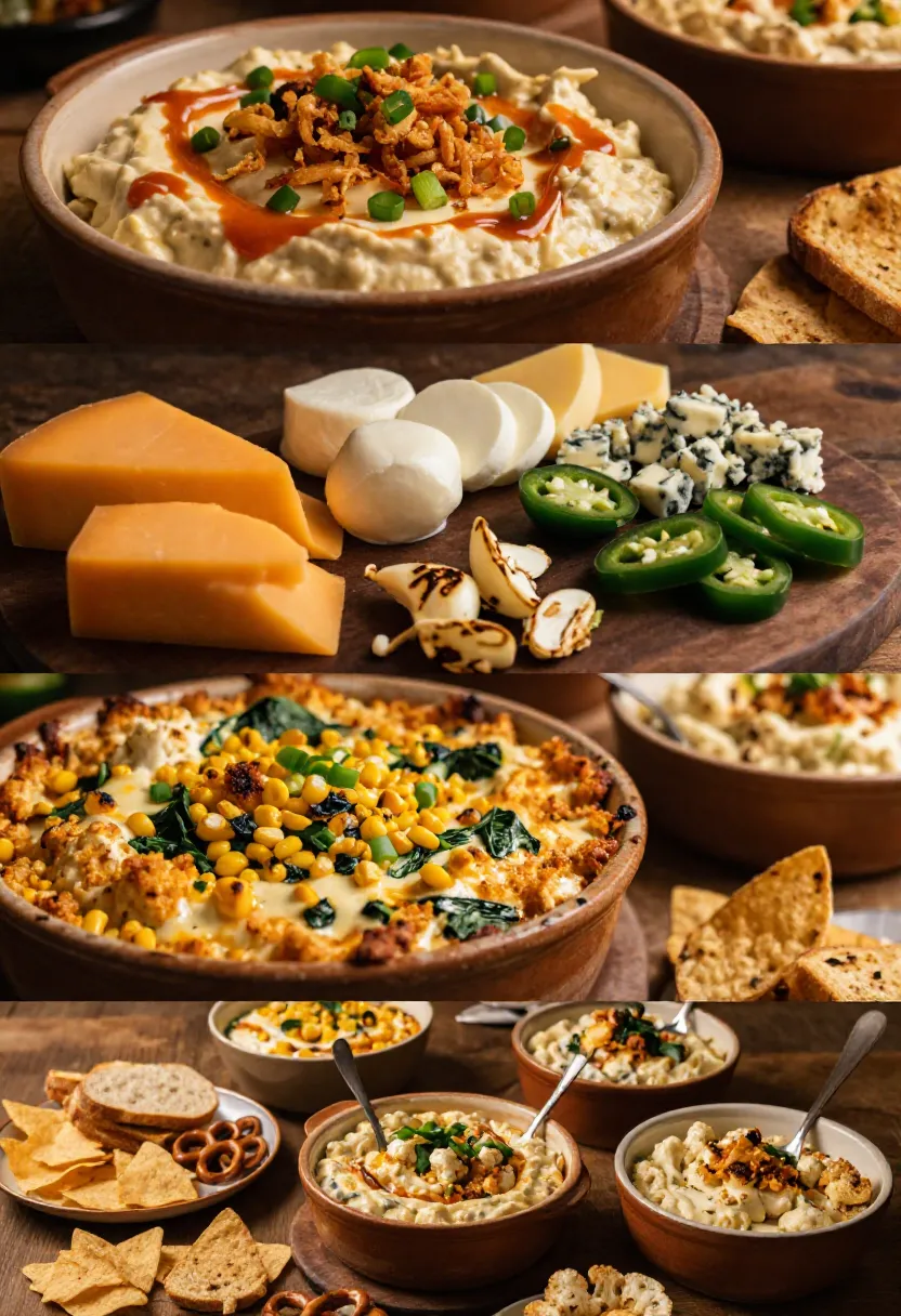 Buffalo cauliflower dip variations with different cheeses, toppings, and mix-ins.