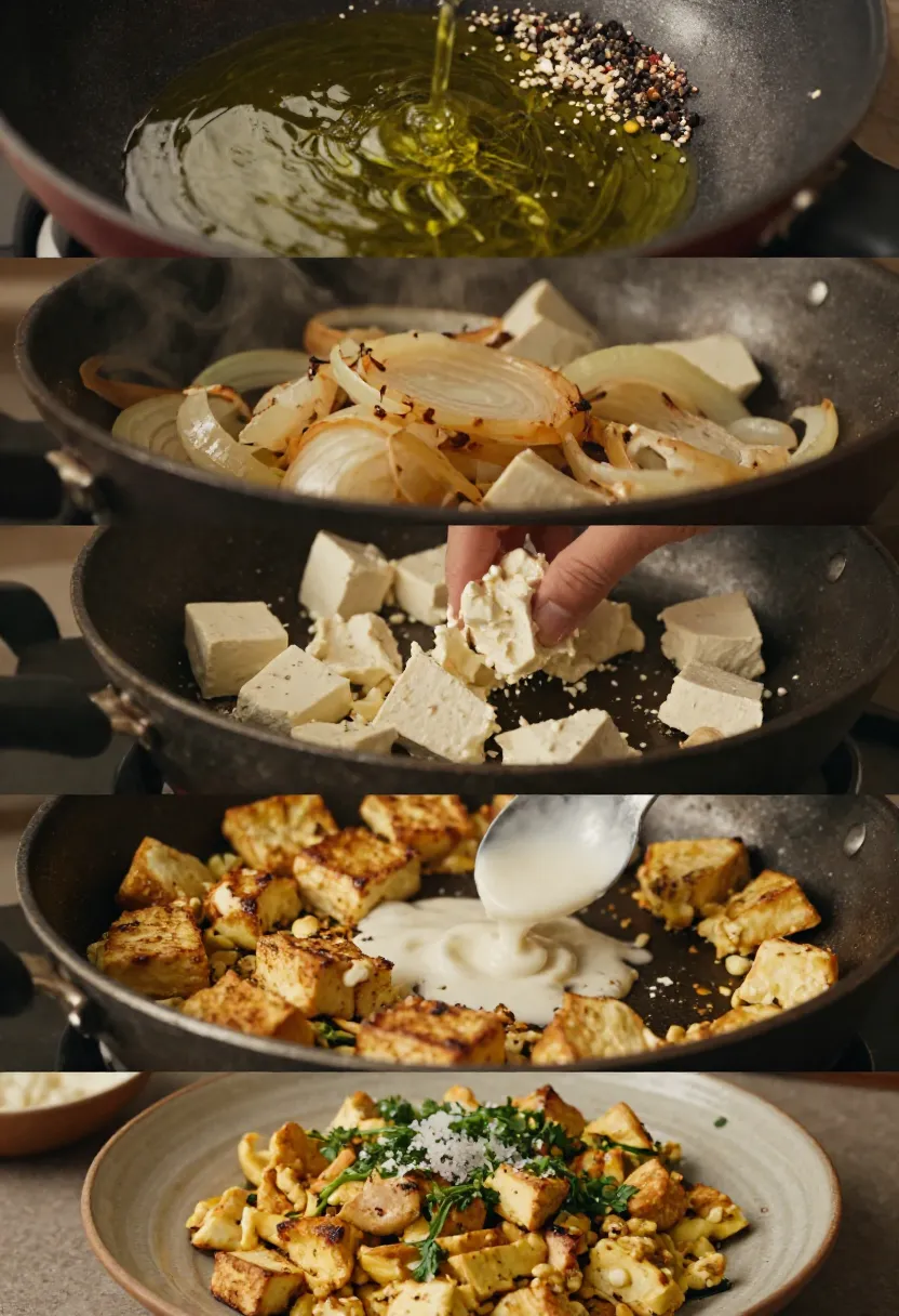 Vertical tofu scramble collage showing crispy edges, caramelized onions, and savory texture details.