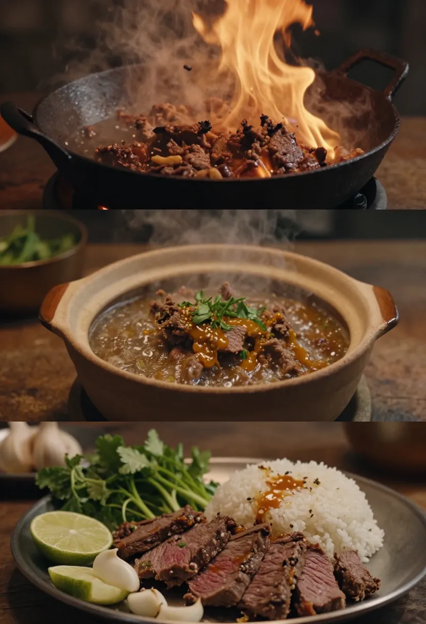 Crying Tiger clay pot beef with smoky char, bubbling sauce, and fresh herbs in a rustic dinner setting