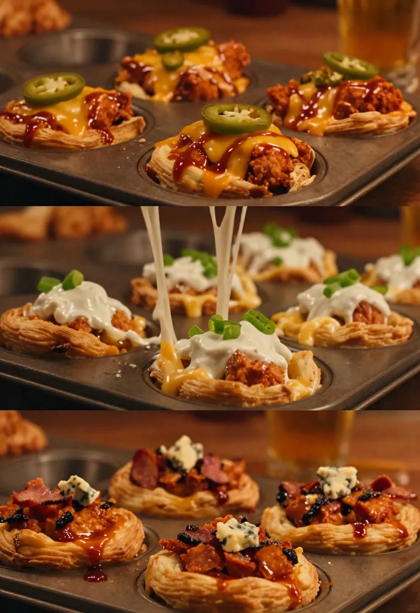 Collage of different buffalo chicken pastry basket variations with bacon, jalapeños, ranch, and melted cheese.
