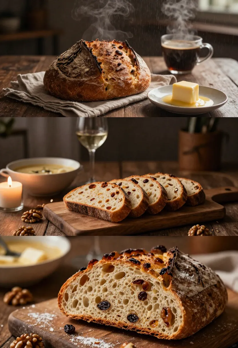 Collage of different fruit sourdough variations with walnuts, cranberries, figs, cherries, pistachios, and rustic artisan styling