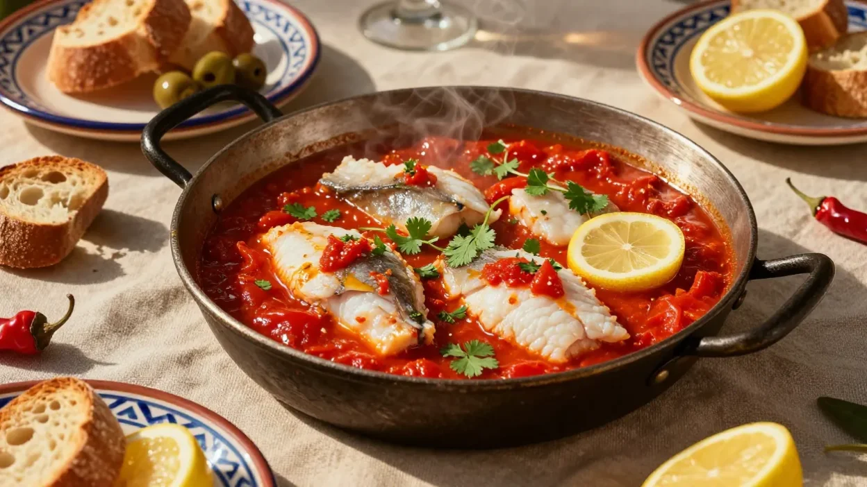 Chraime fish in spicy tomato sauce with bread, herbs, and lemon in a rustic Mediterranean-style setting