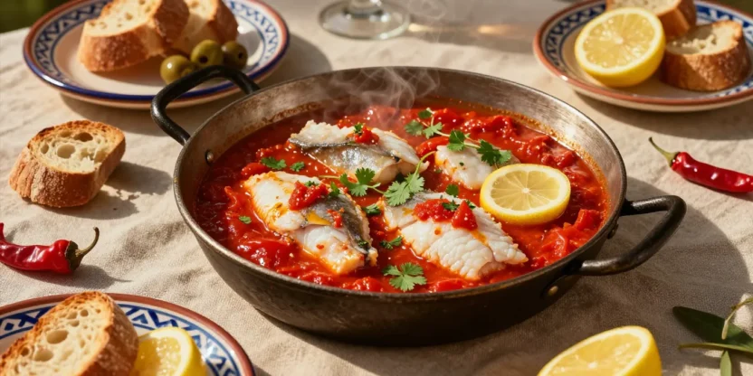 Chraime fish in spicy tomato sauce with bread, herbs, and lemon in a rustic Mediterranean-style setting
