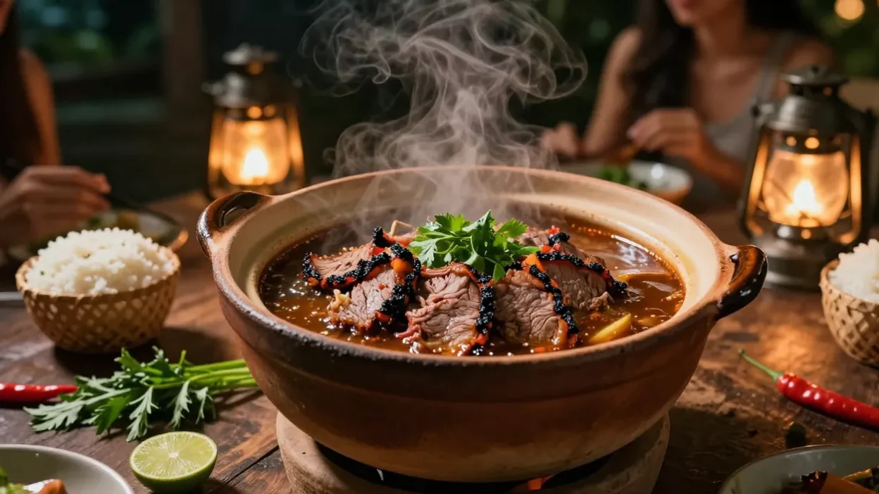 Thai Crying Tiger clay pot beef with sticky rice and herbs at an evening dinner setting