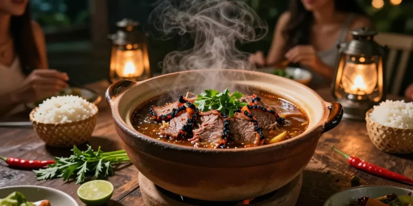 Thai Crying Tiger clay pot beef with sticky rice and herbs at an evening dinner setting