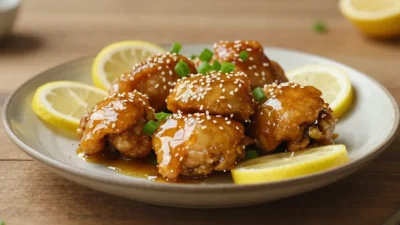sticky honey lemon chicken with glossy sauce and lemon slices on a plate