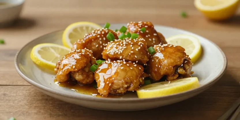 sticky honey lemon chicken with glossy sauce and lemon slices on a plate