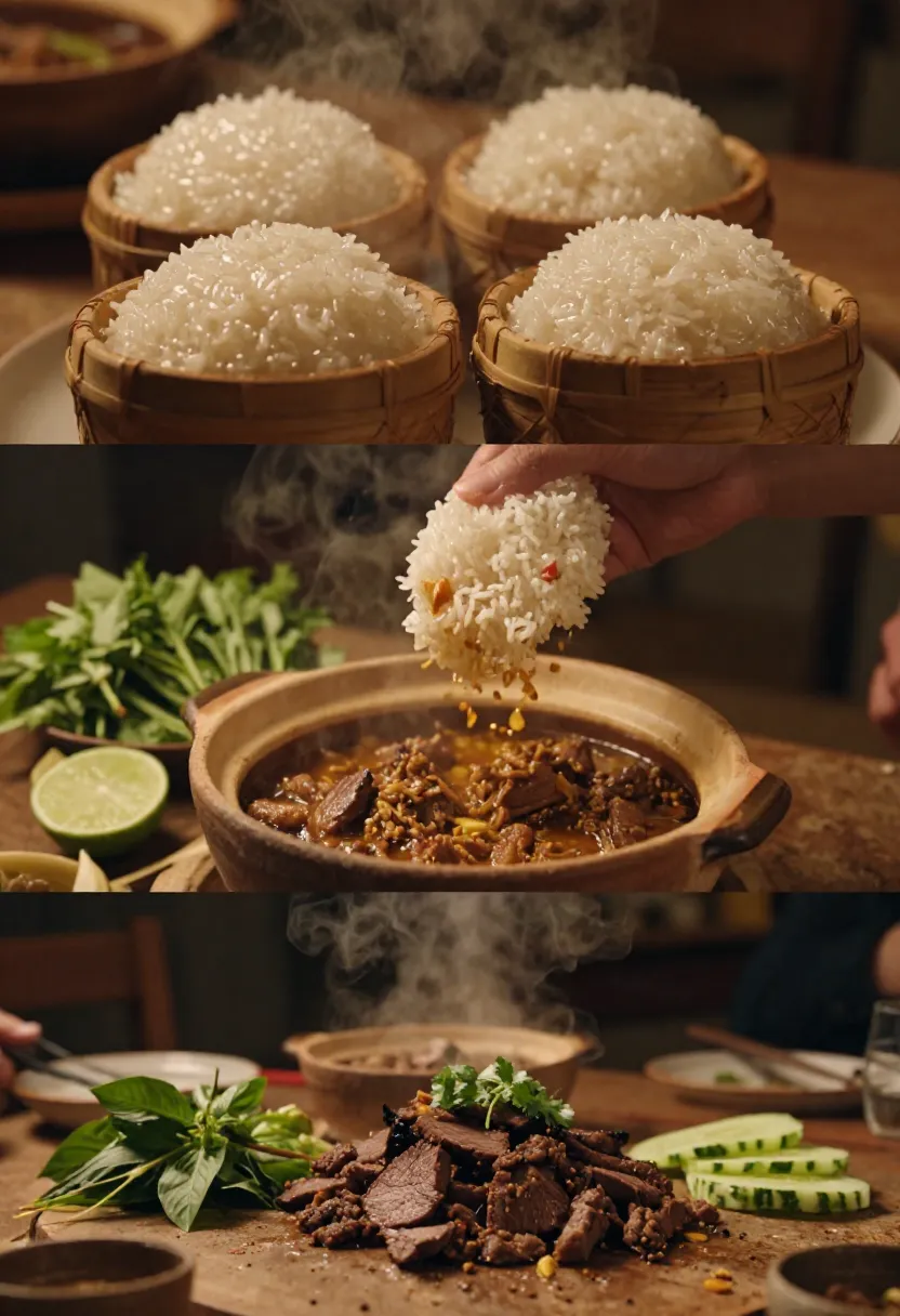 Sticky rice with Thai Crying Tiger beef, herbs, and tamarind sauce in a cozy dinner setting