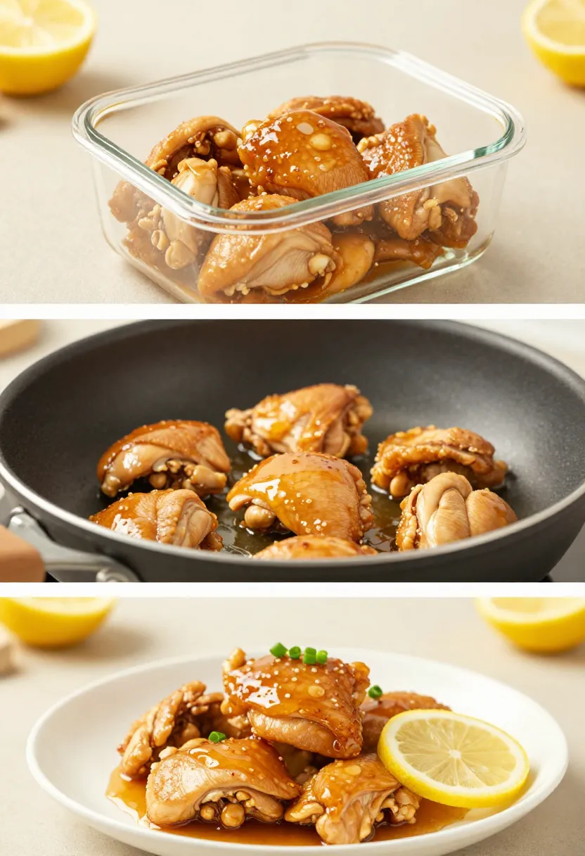 collage of storing and reheating honey lemon chicken in container and pan