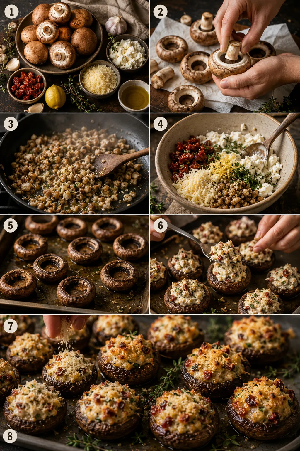 Vertical collage showing the full process of making goat cheese stuffed mushrooms