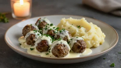 Swedish meatballs in creamy sauce with fresh parsley garnish