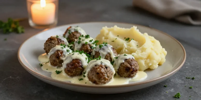 Swedish meatballs in creamy sauce with fresh parsley garnish