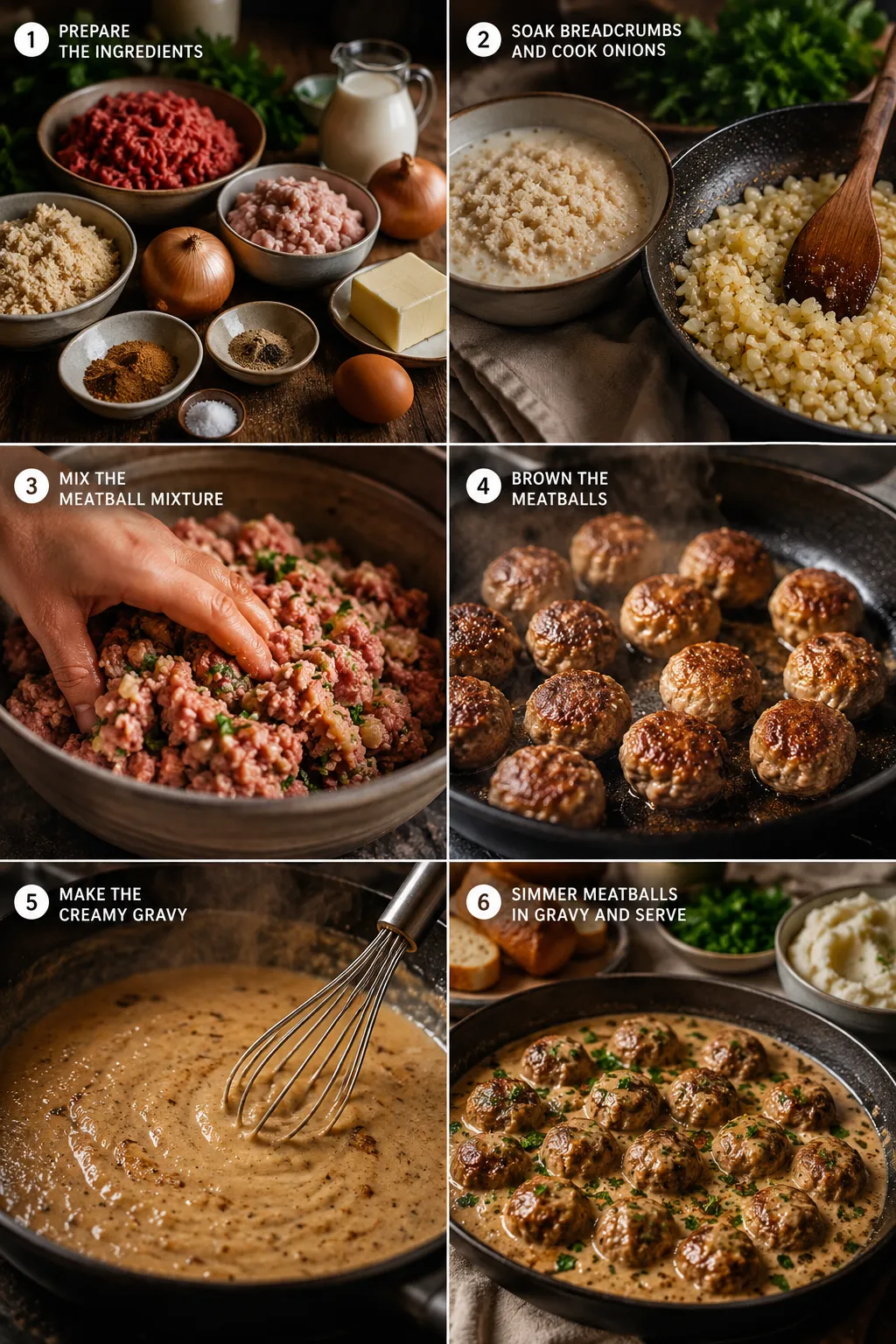 Detailed collage showing the full Swedish meatballs cooking process