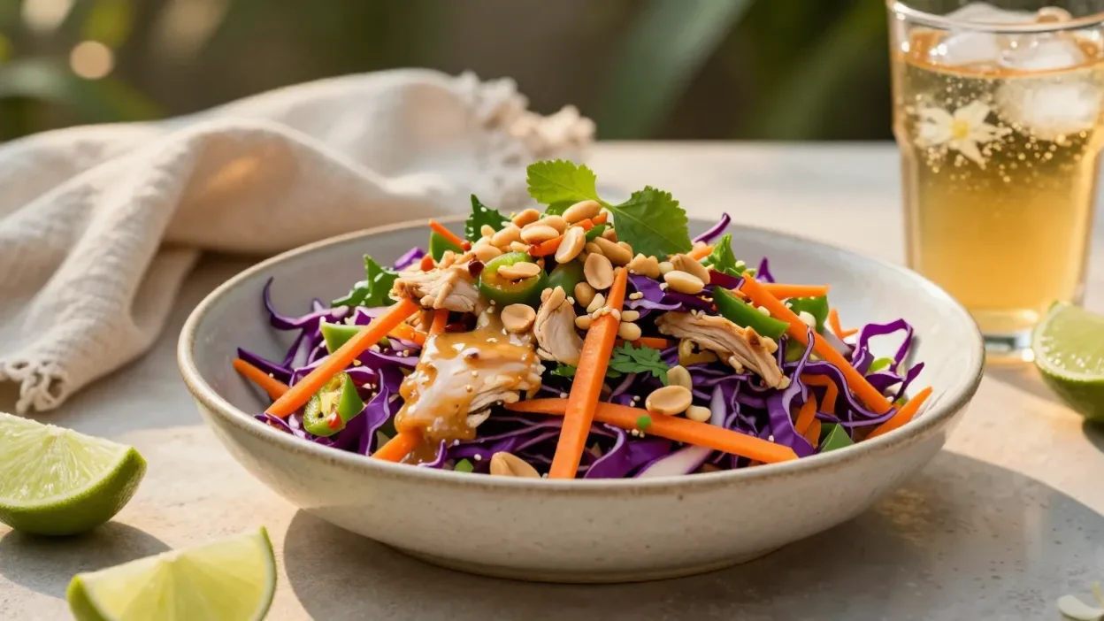 Bowl of chicken salad with shredded purple cabbage, carrots, peanuts, and cilantro.
