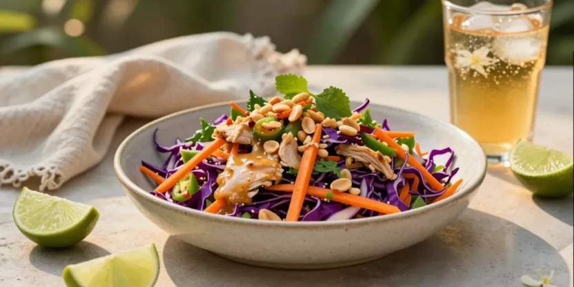 Bowl of chicken salad with shredded purple cabbage, carrots, peanuts, and cilantro.