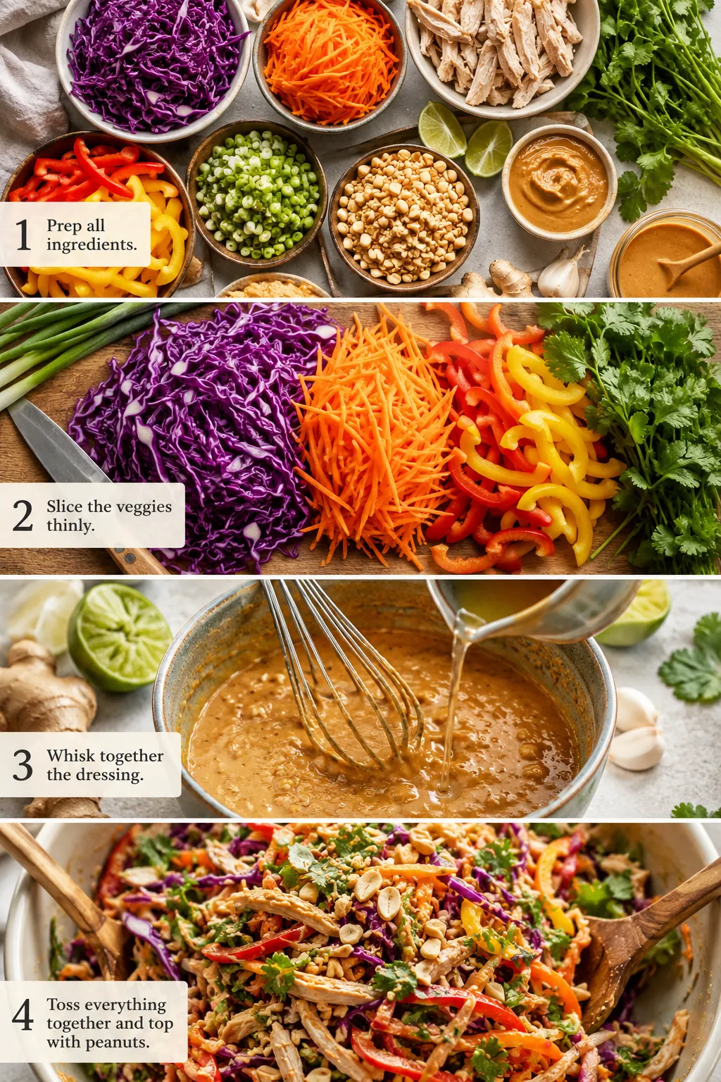 Thai chicken salad step-by-step cooking collage with peanut dressing