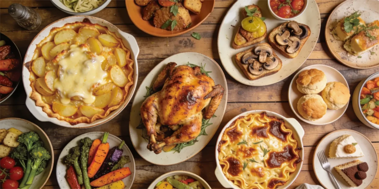 Colorful table filled with comforting homemade dishes in a warm editorial food setting.