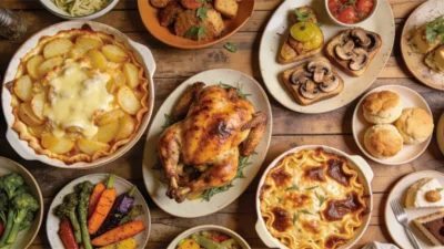 Colorful table filled with comforting homemade dishes in a warm editorial food setting.