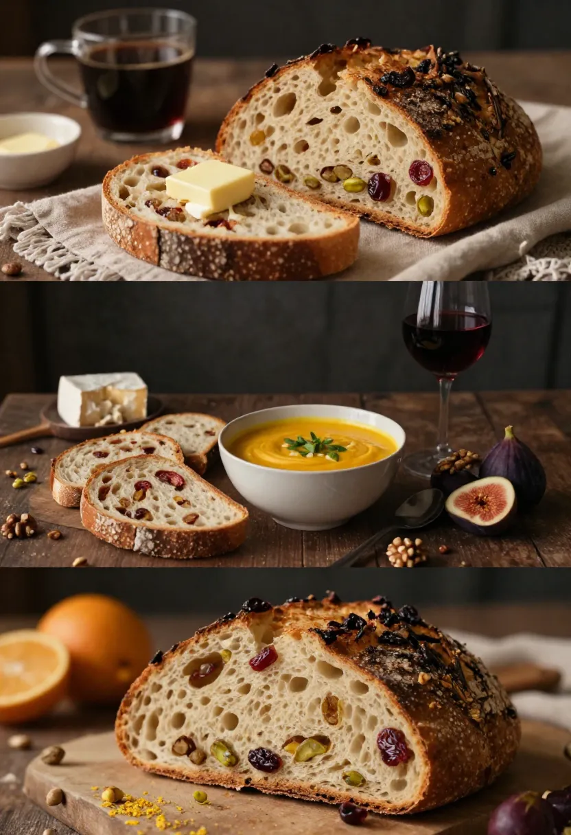 Cozy collage of fruit sourdough served with butter, soup, cheese, coffee, and rustic autumn styling