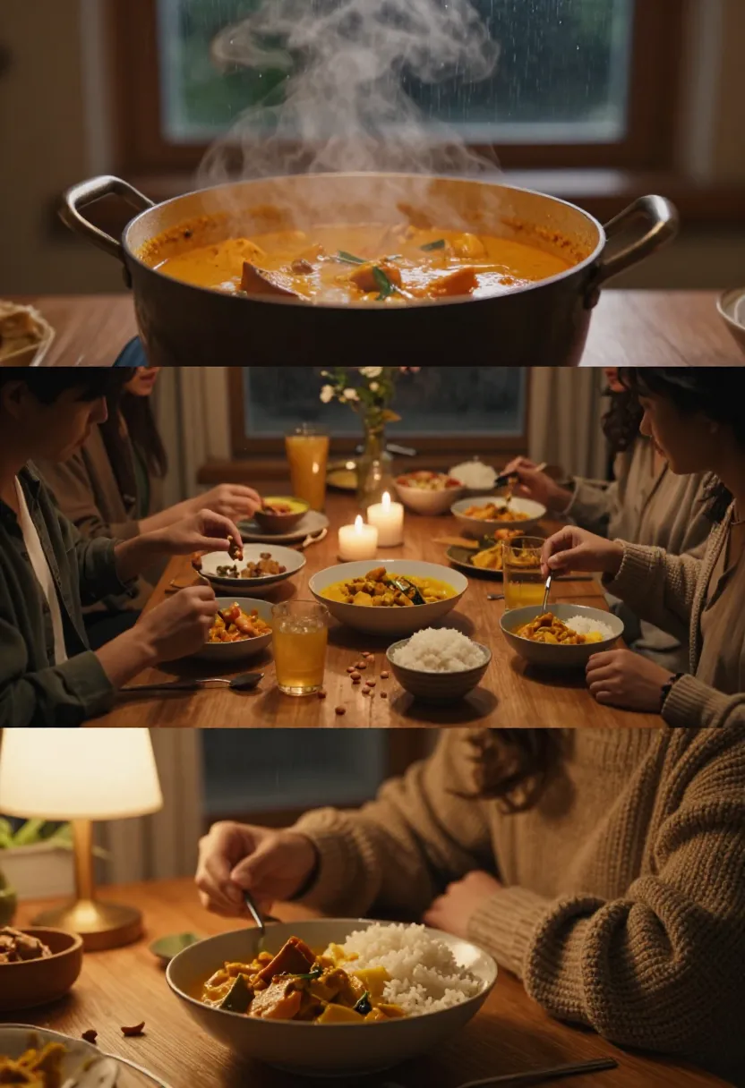 Pot of steaming curry on a wooden table, ready for a shared family meal.