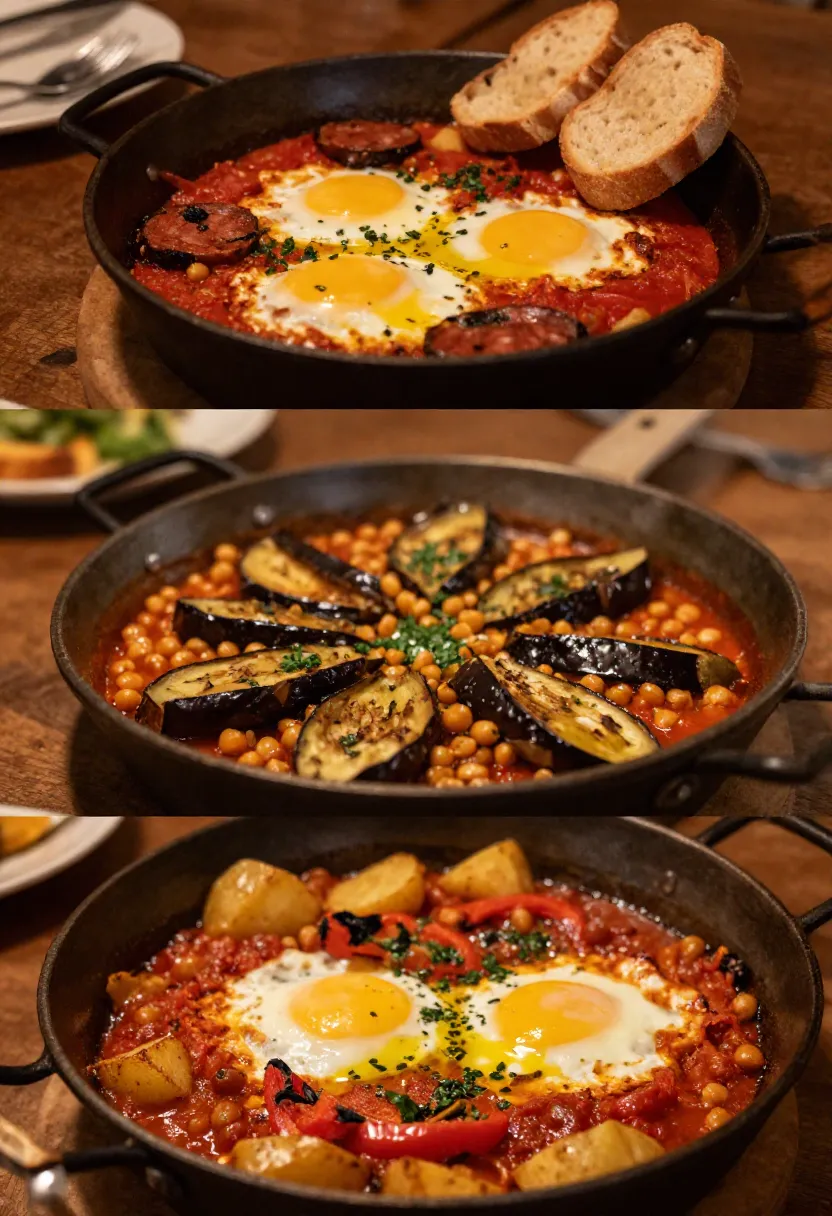 Different rustic versions of huevos a la flamenco with chorizo, chickpeas, eggplant, and potatoes