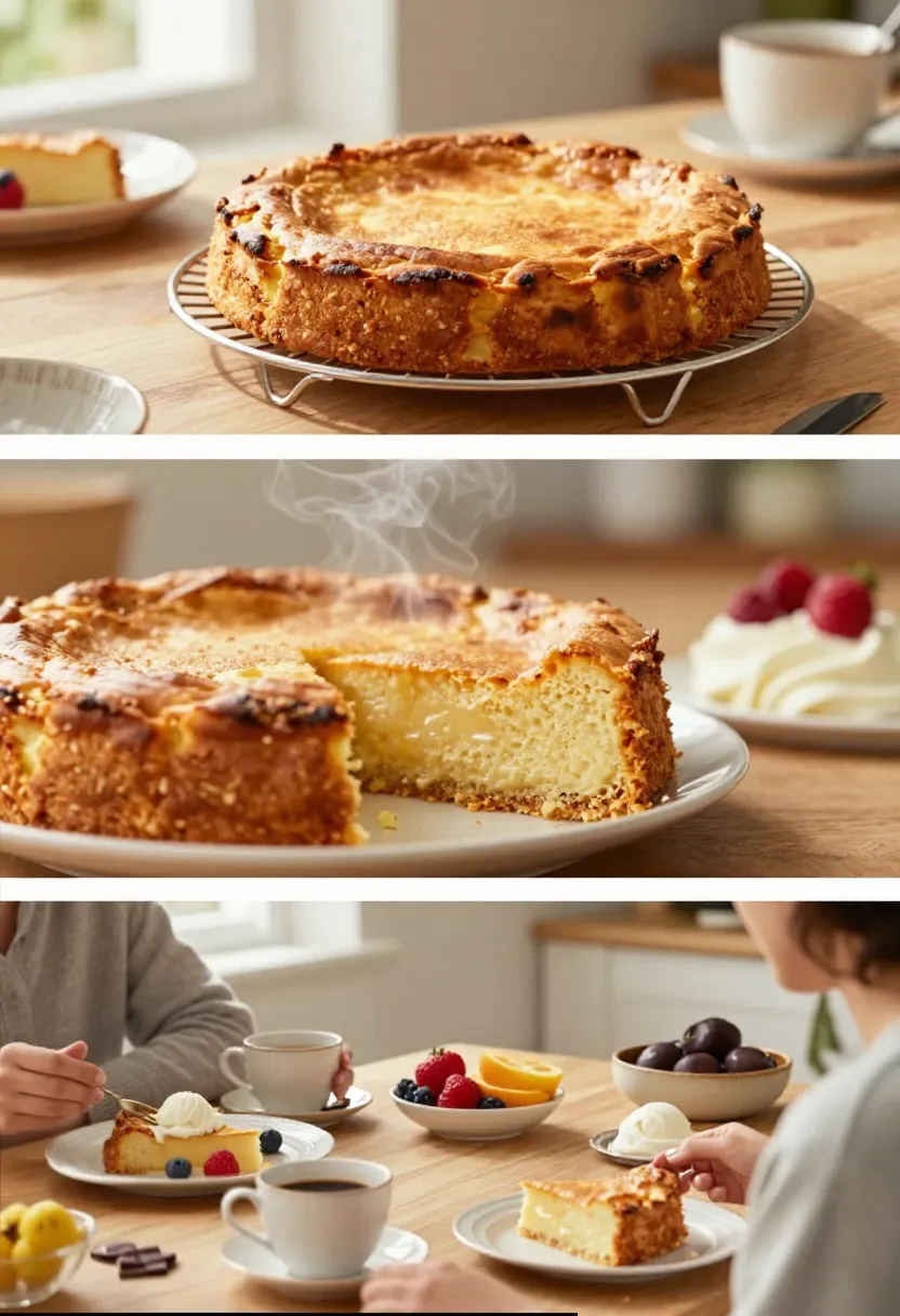 Editorial collage showing a simple homemade dessert from baking to a cozy after-dinner moment.