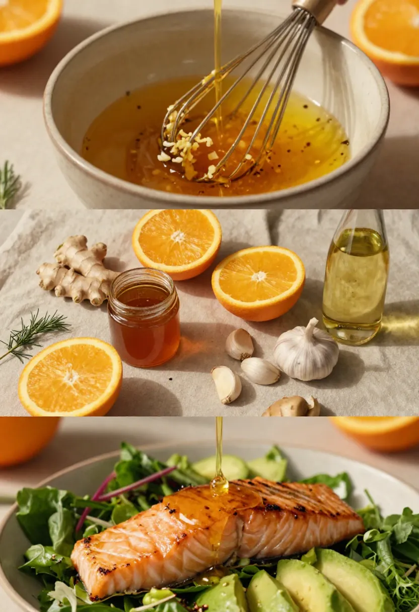 Collage of ginger hot honey vinaigrette ingredients and dressing poured over salmon salad