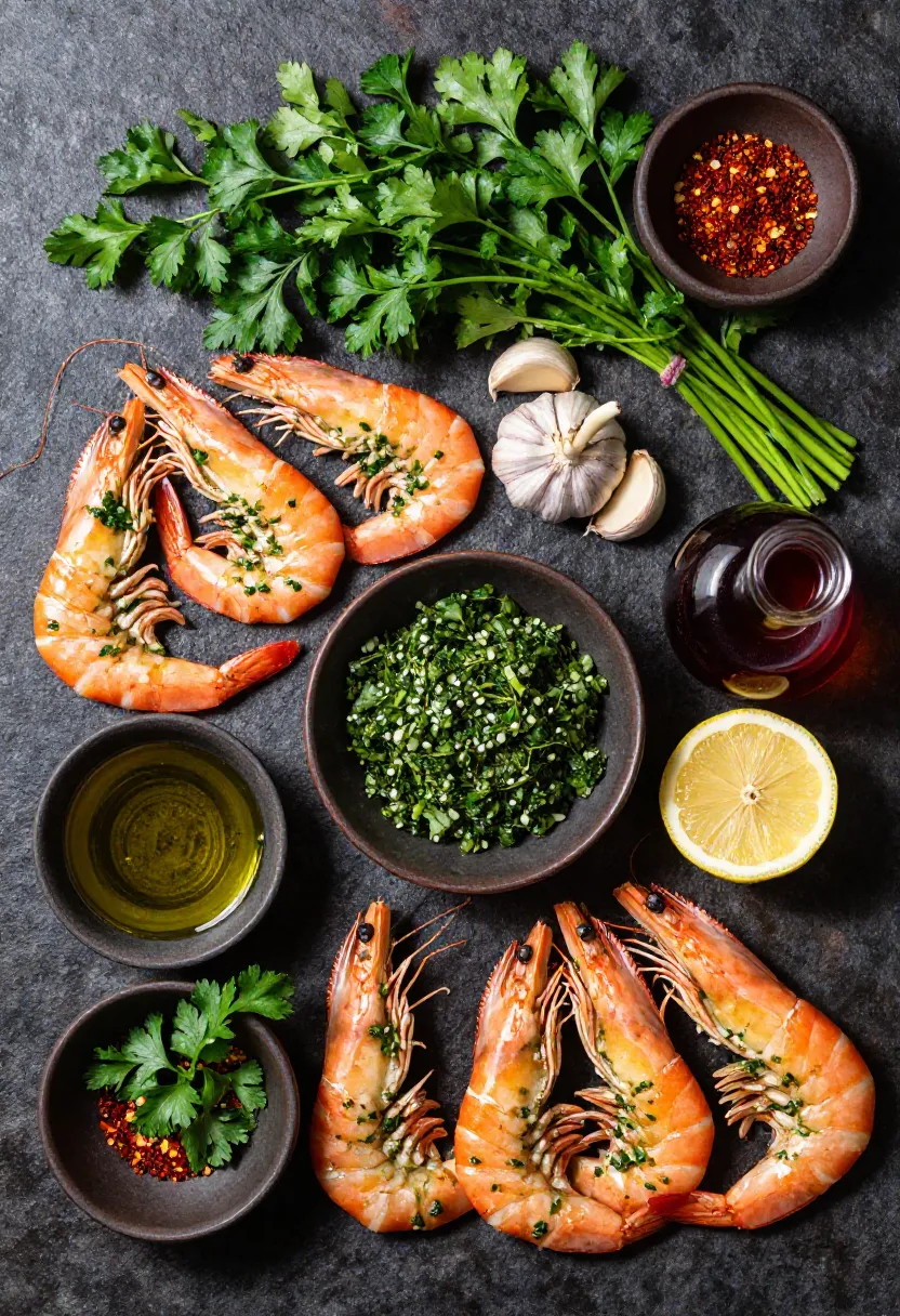 Collage of chimichurri shrimp ingredients with fresh parsley, garlic, lemon, olive oil, and cooked shrimp on a dark background