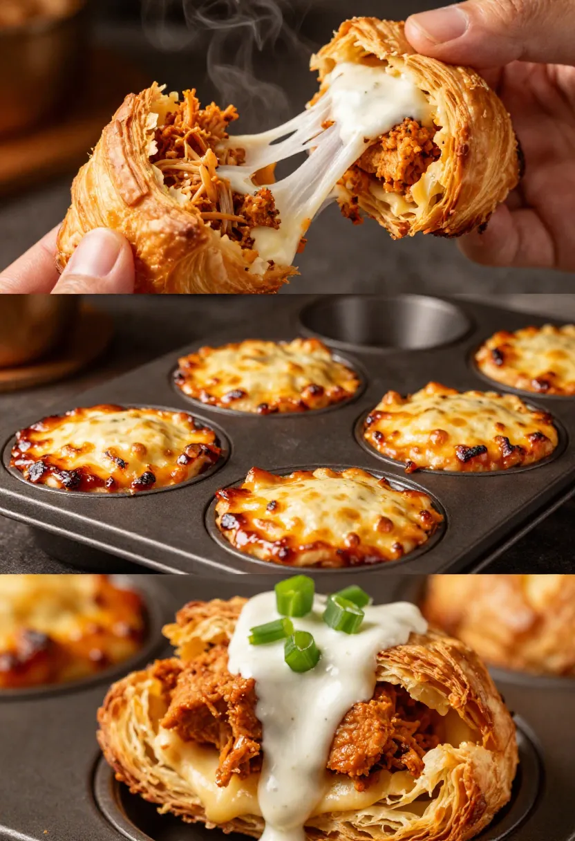 Collage showing crispy buffalo chicken cup texture with melted cheese and flaky golden pastry.