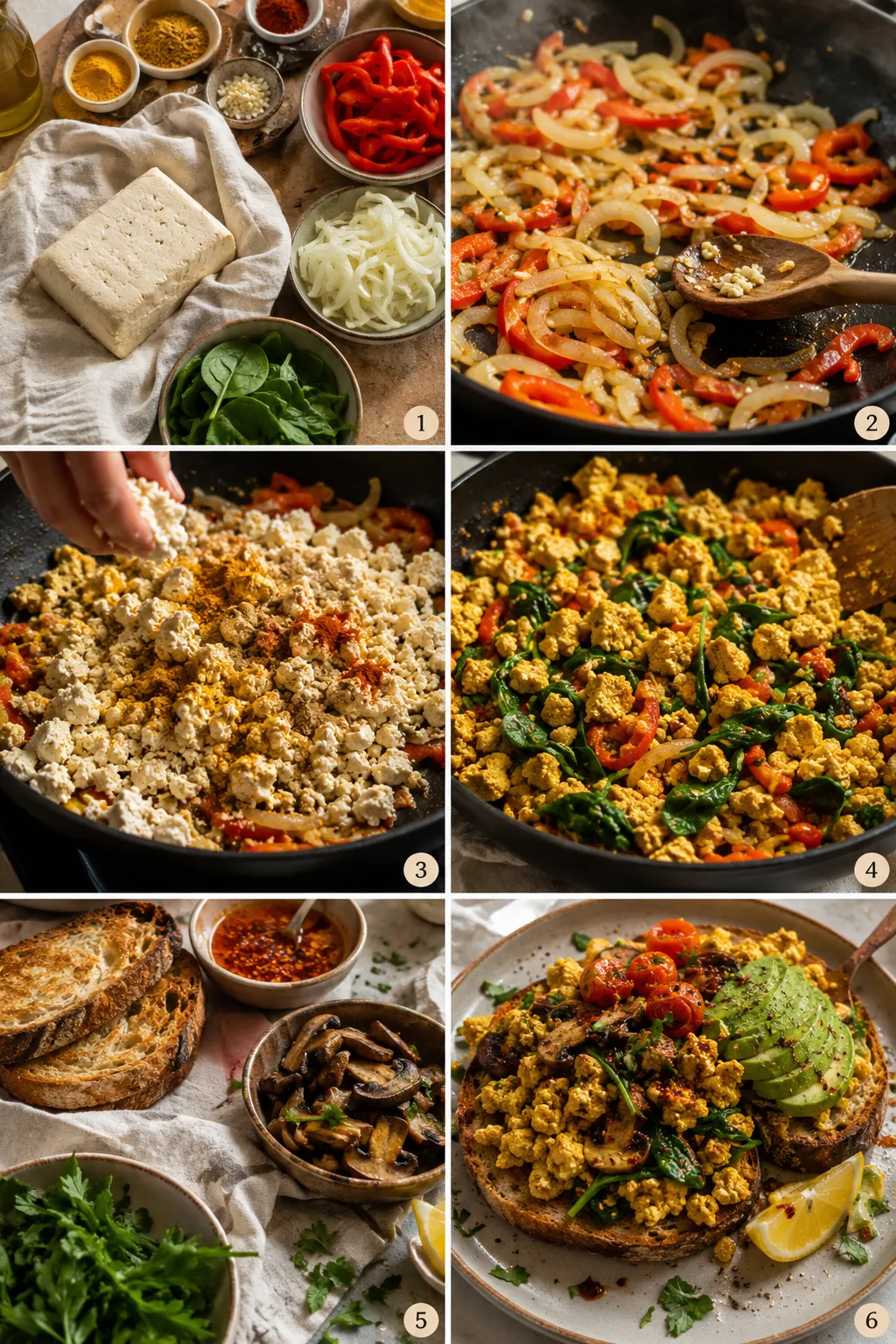 Step-by-step tofu scramble cooking collage with crispy tofu and savory toppings.