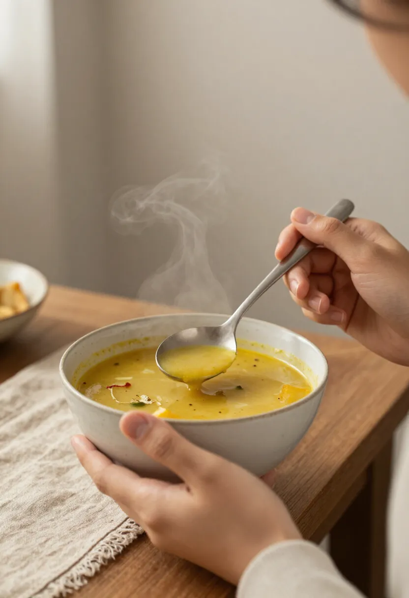 Person enjoying mulligatawny soup in a cozy setting