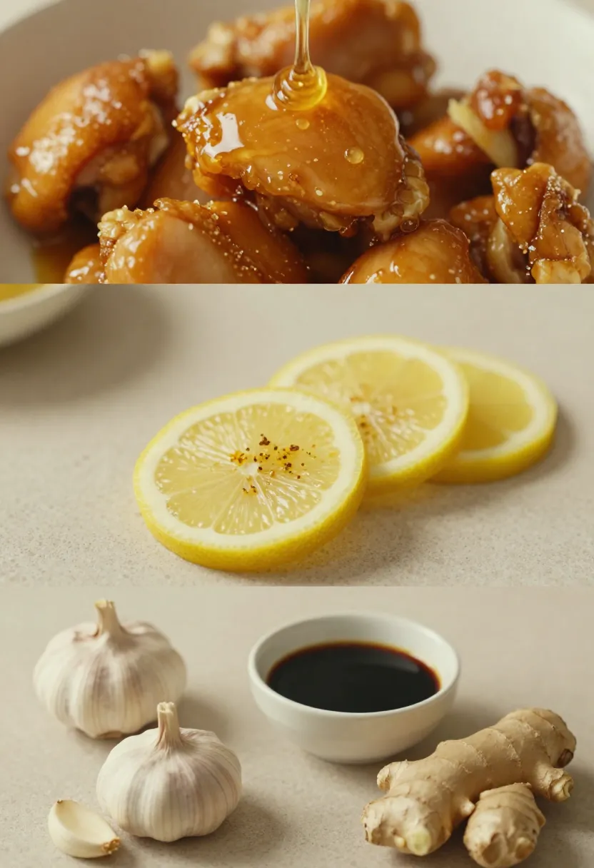 collage of honey lemon chicken glaze lemon and ingredients in soft light