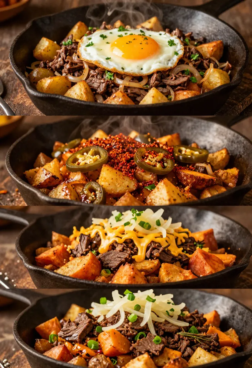 Collage showing classic, spicy, cheesy, and sweet potato variations of homemade corned beef hash.