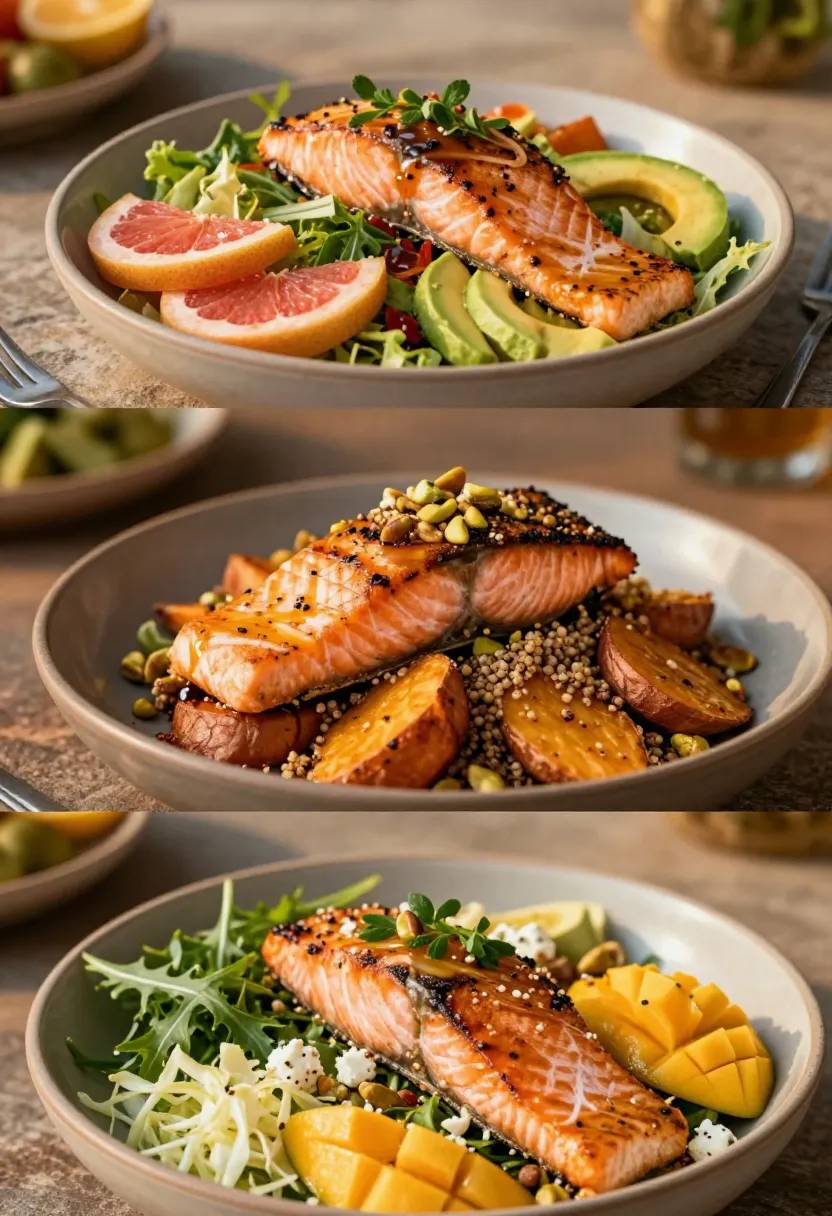 Collage showing different variations of orange salmon salad with seasonal ingredients and dressings