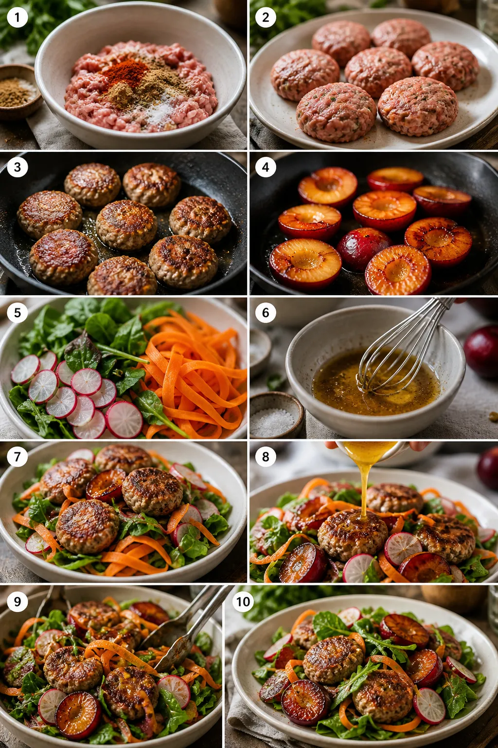Step-by-step collage of cooking pork, caramelizing plums, and assembling a warm salad