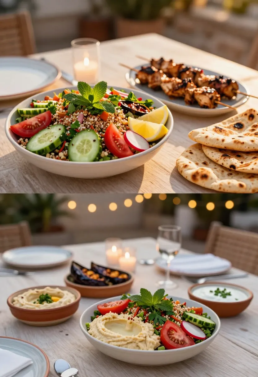Fattoush salad served with grilled chicken, hummus, and warm flatbread during a cozy summer dinner.