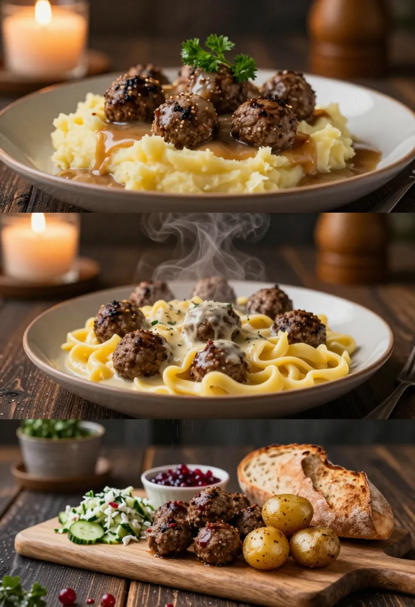 Swedish meatballs served with mashed potatoes, noodles, and side dishes