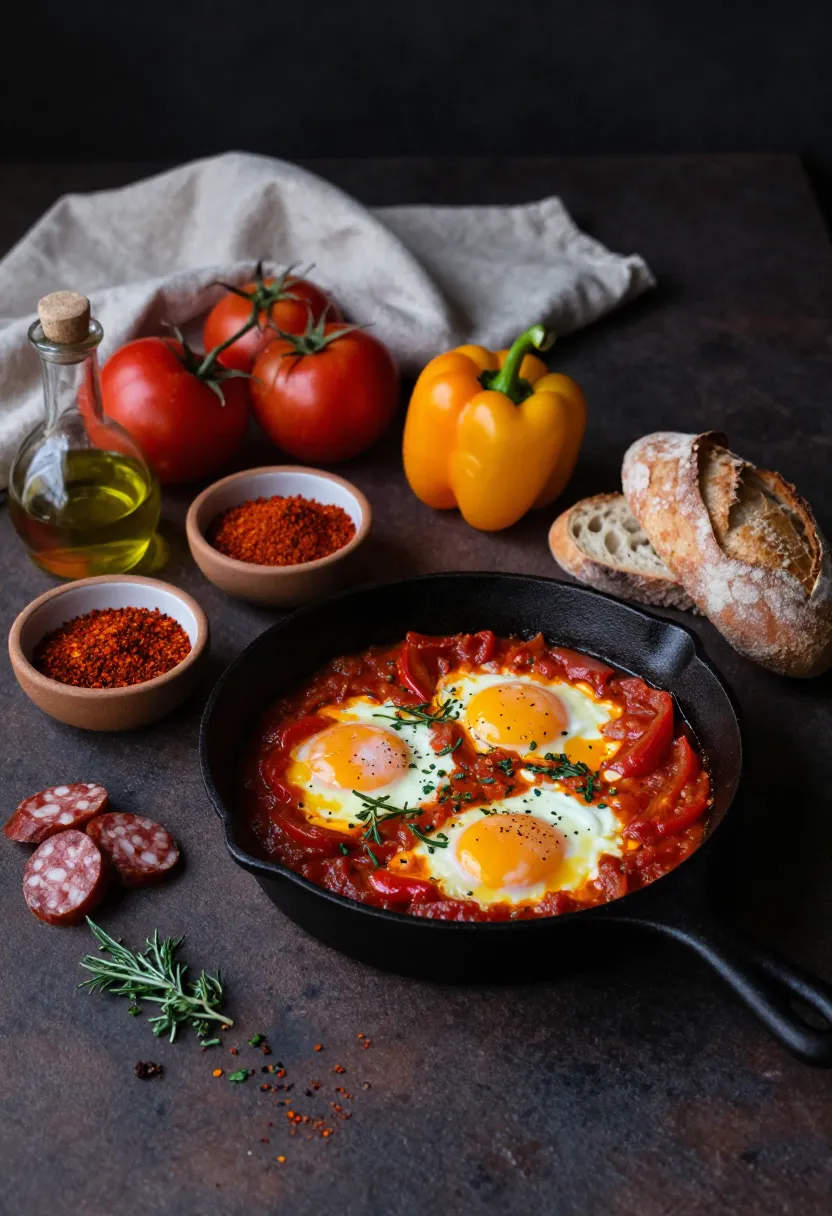 Rustic huevos a la flamenco ingredients and baked egg skillet in warm Mediterranean style