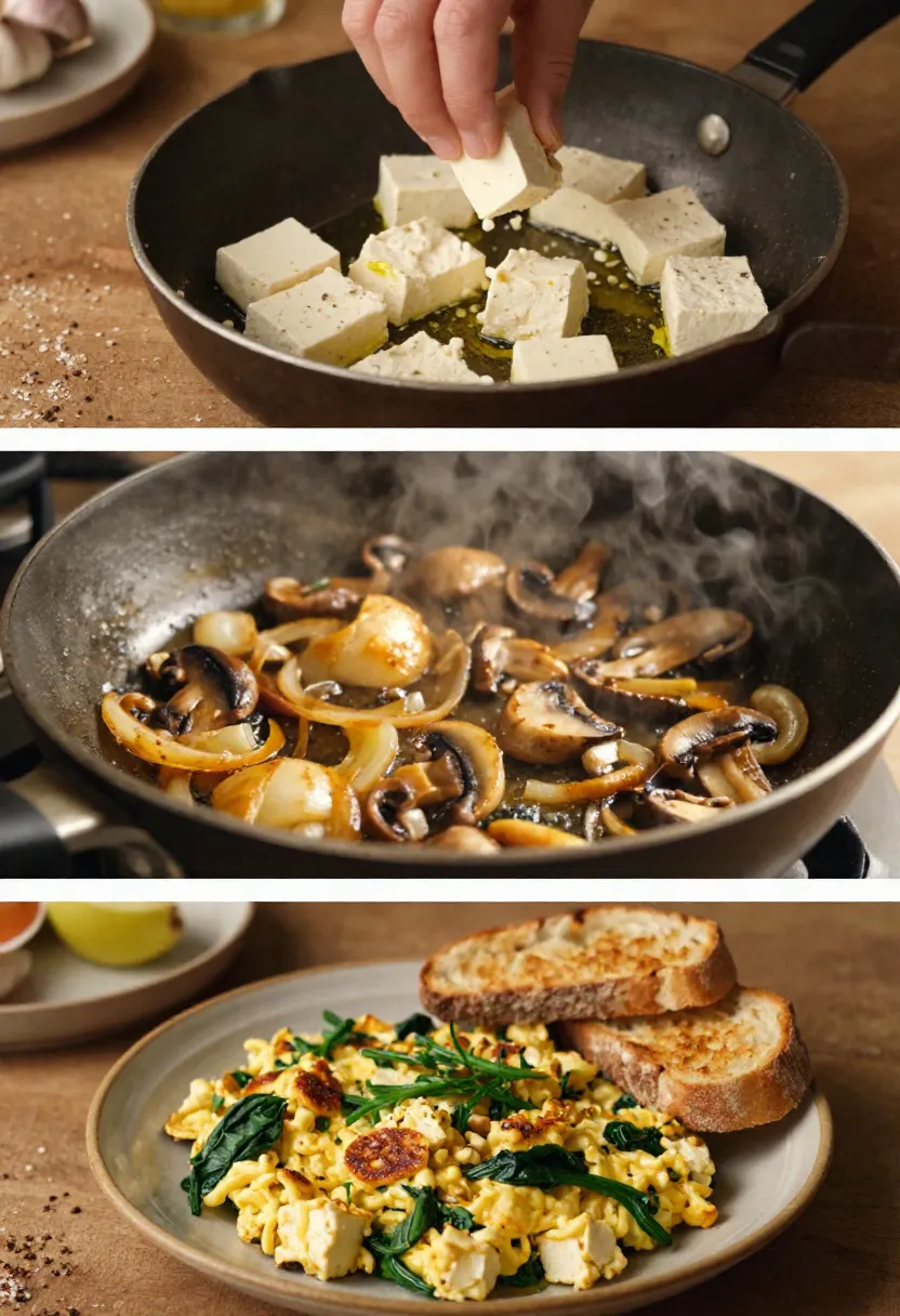 Collage of three food scenes: cubed tofu sizzling in oil in a skillet, hand adding a piece of tofu; sautéed mushrooms and onions in another pan; and a plate of scrambled eggs with greens and toasted bread on the side.