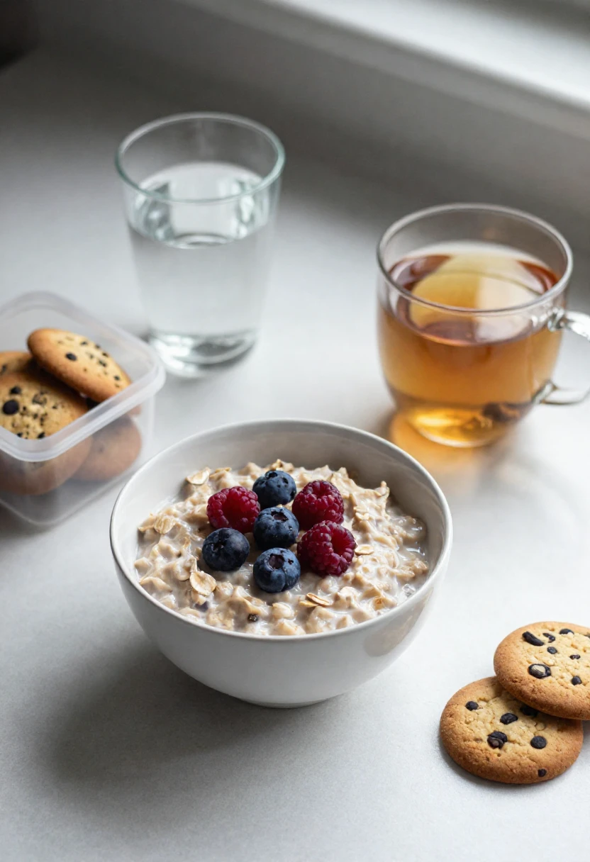 Bowl of oatmeal topped with blueberries and raspberries on a white counter, surrounded by cookies and a cup of tea.