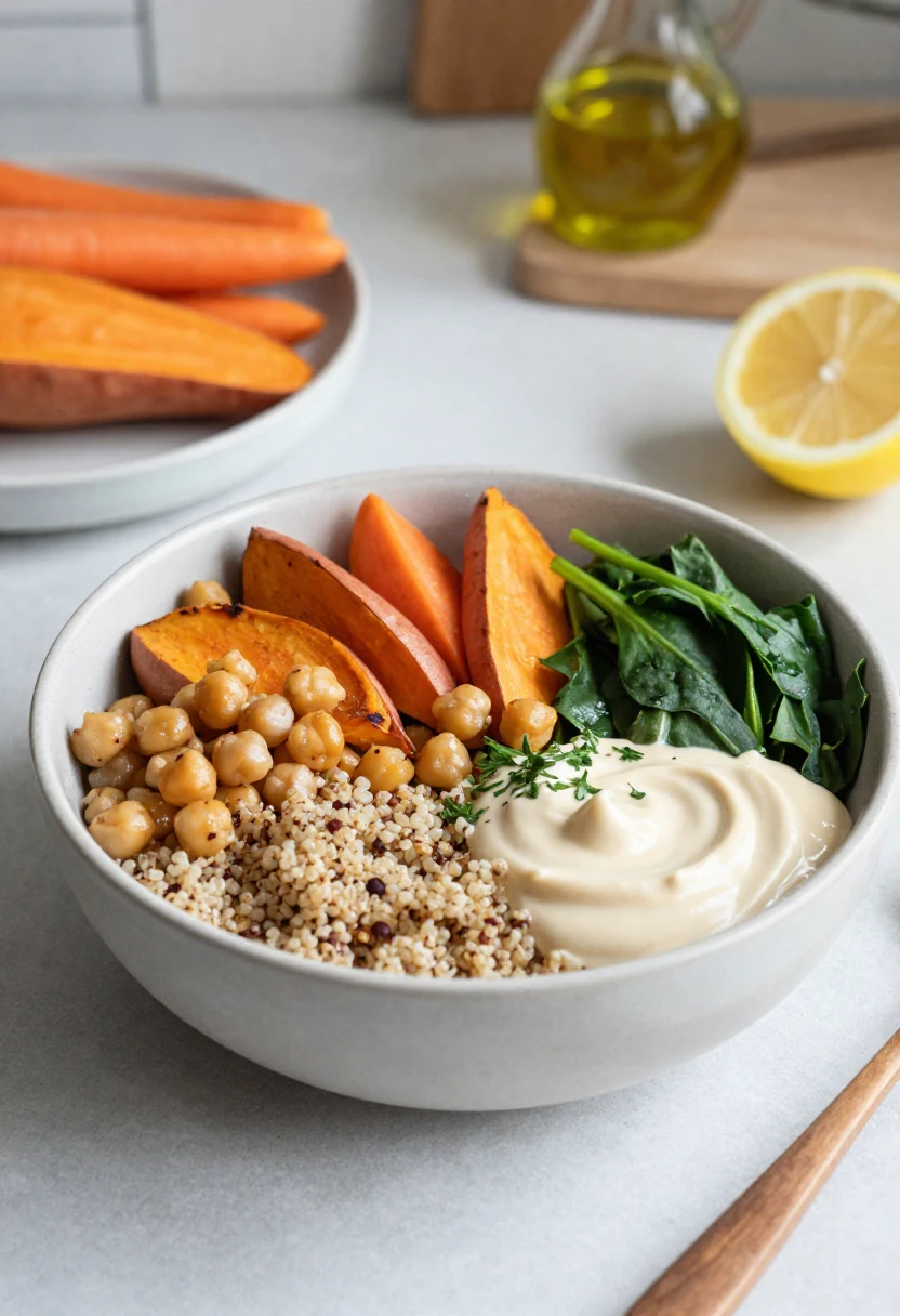 Anti-inflammatory quinoa bowl with roasted vegetables, chickpeas, spinach, lemon, herbs, and tahini.