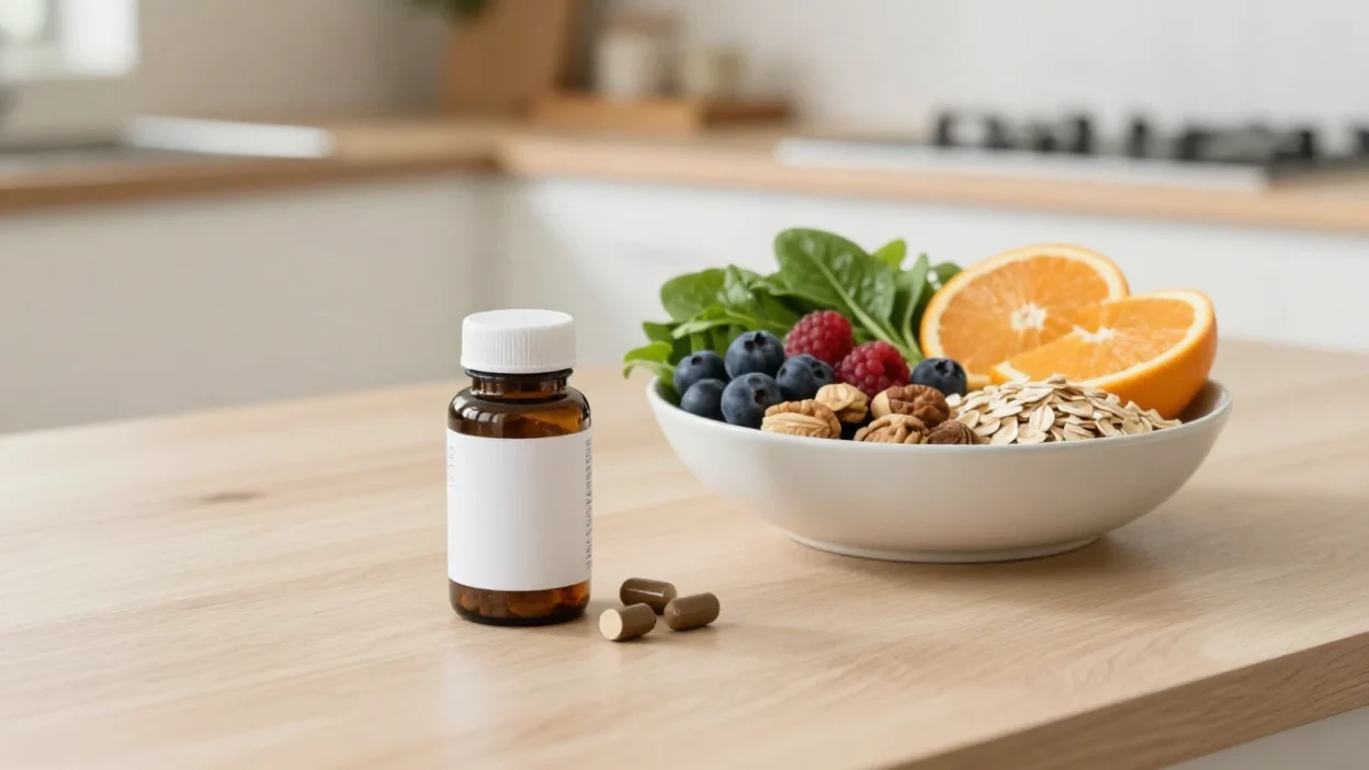 Dietary supplements beside fresh whole foods on a bright kitchen table