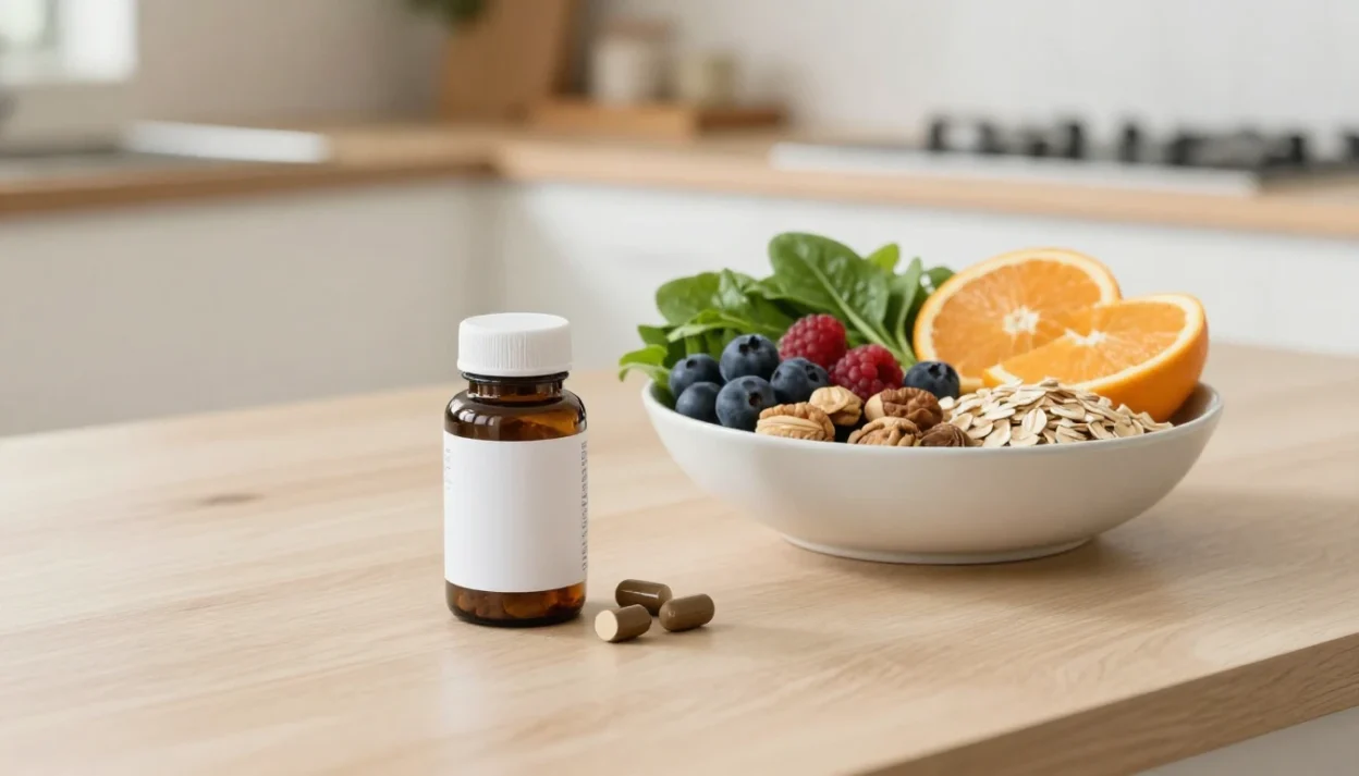 Dietary supplements beside fresh whole foods on a bright kitchen table