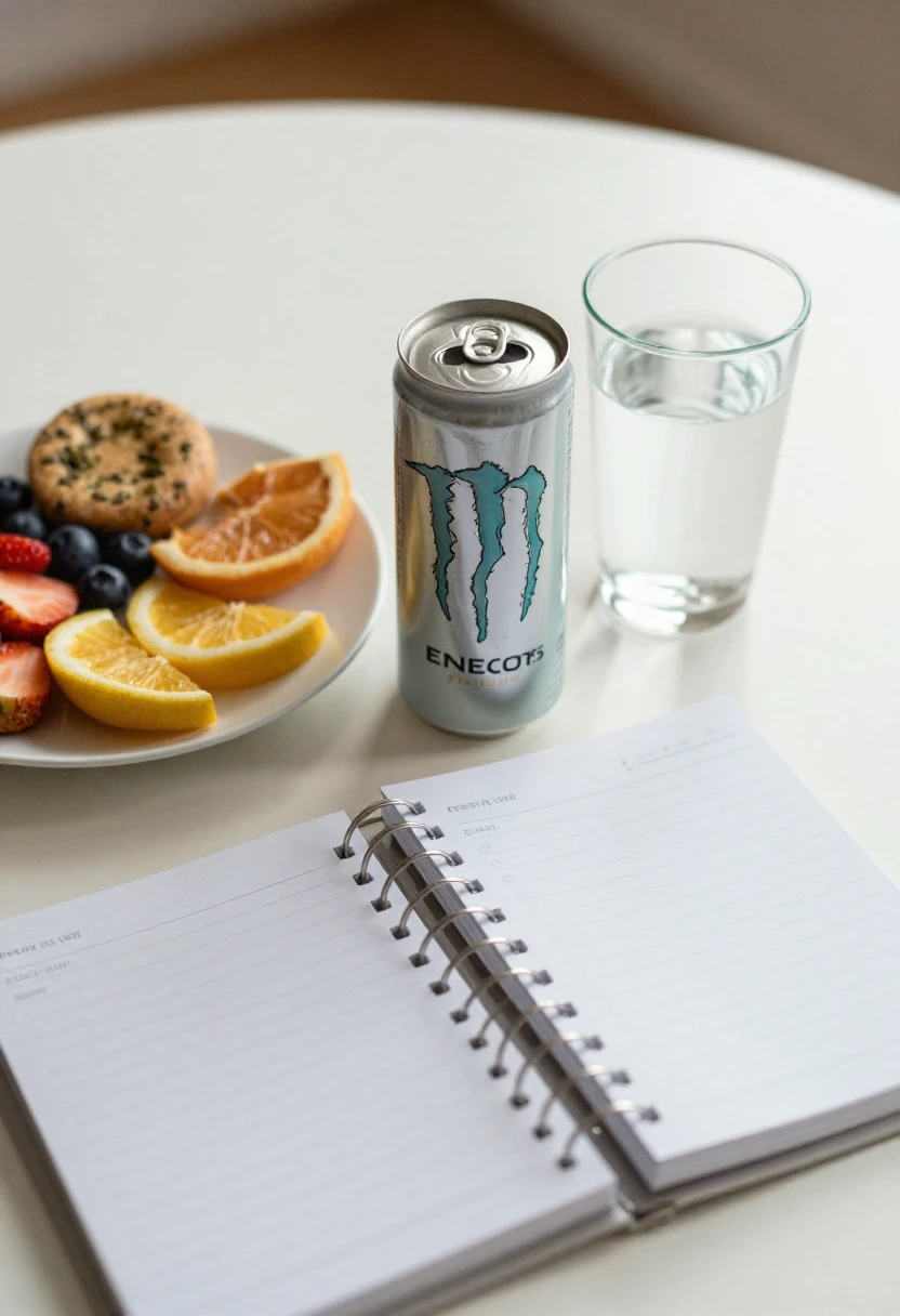 Small energy drink beside water and a healthy snack for occasional use