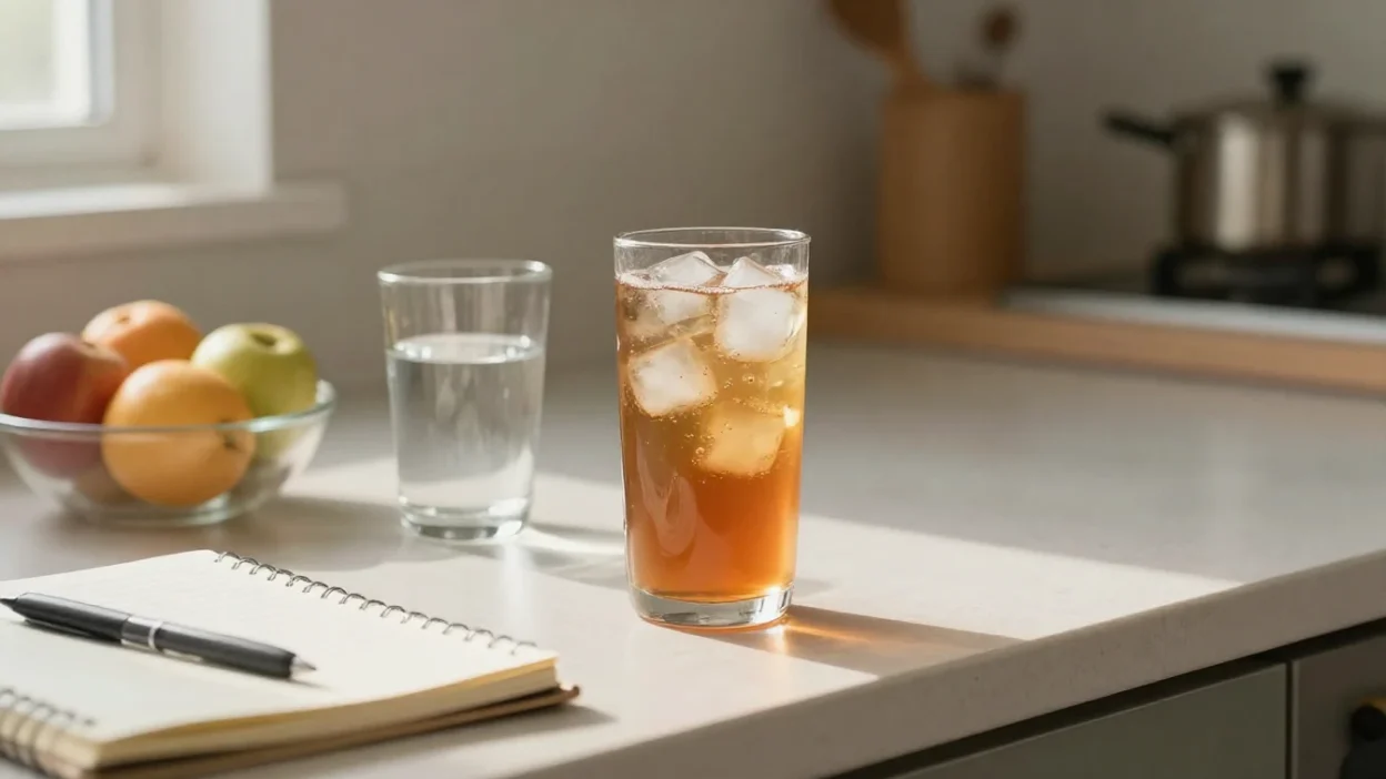 Energy drink can beside water and fruit on a kitchen counter
