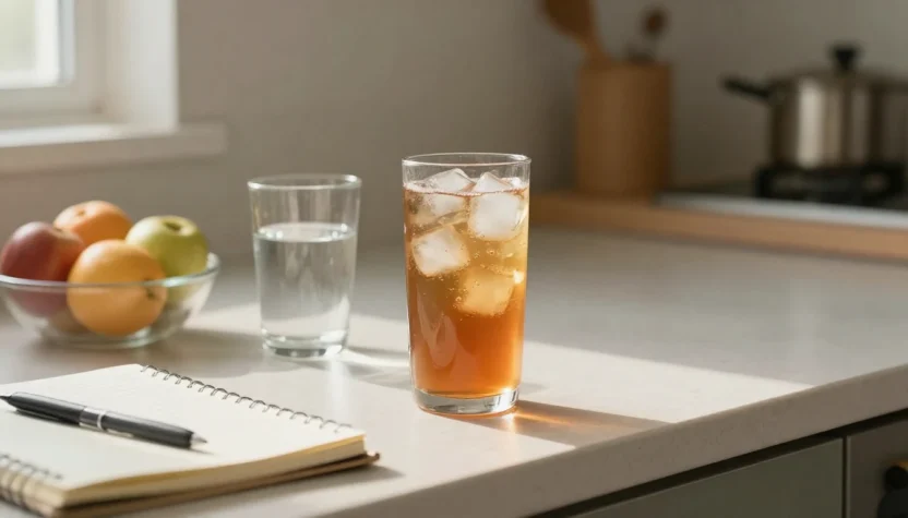 Energy drink can beside water and fruit on a kitchen counter