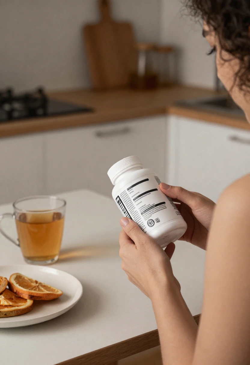 A person in a kitchen holds a white bottle of supplements over a white counter, with orange slices on a plate and a mug of tea nearby.