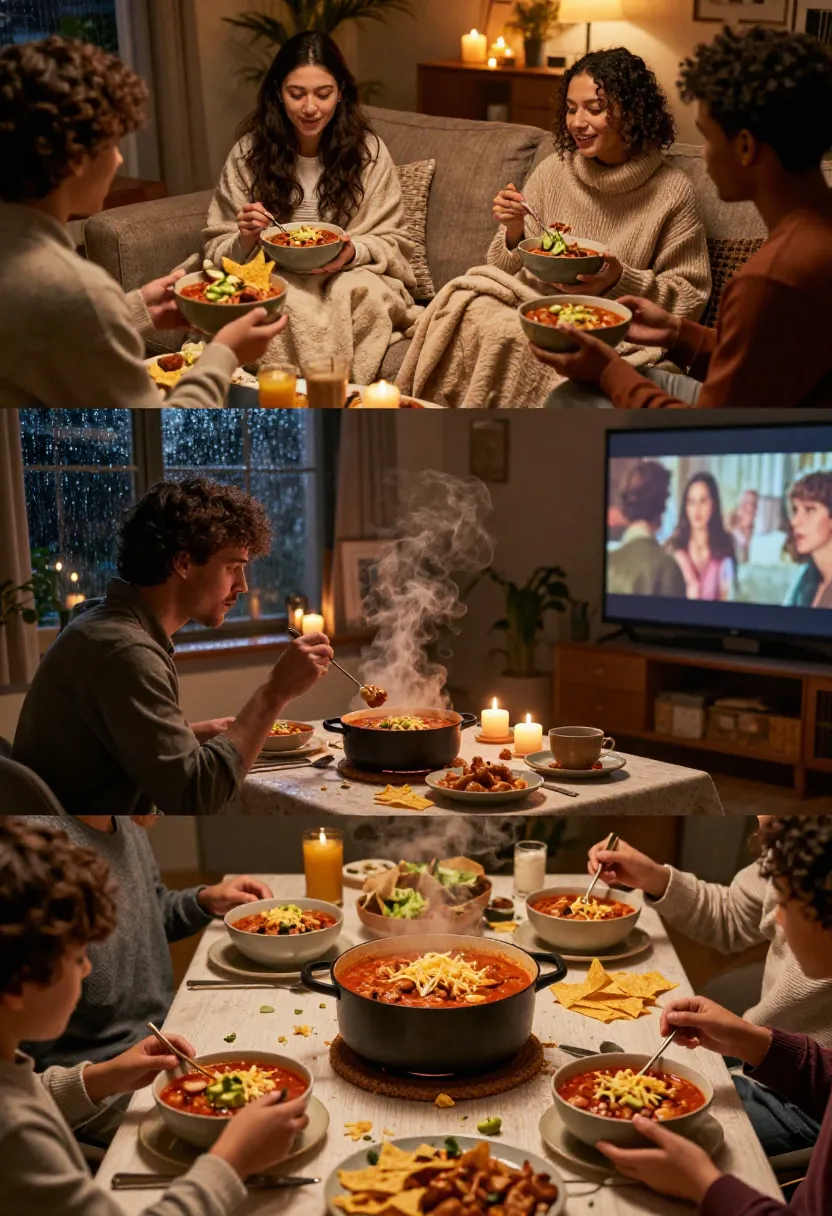 People enjoying cozy bowls of high-protein chicken chili during relaxed evenings.
