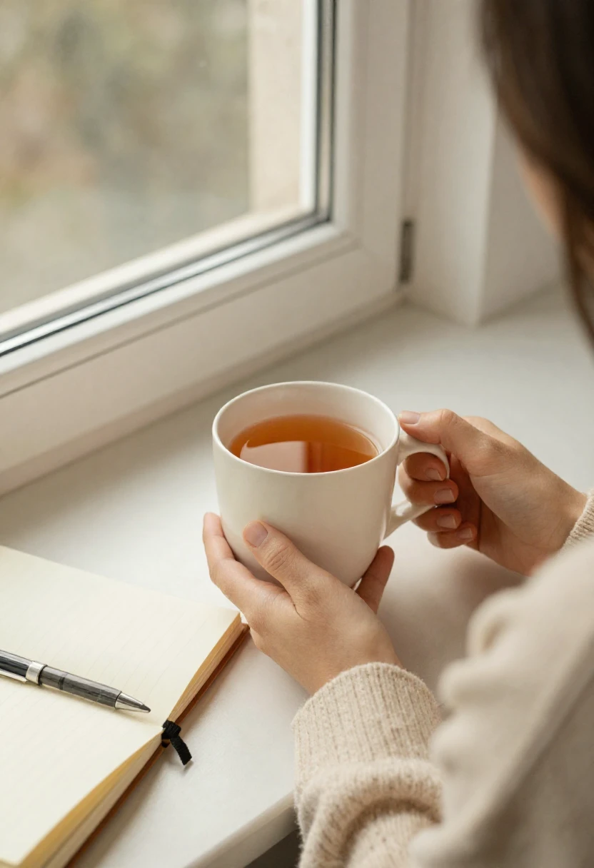 A person holding a white mug of tea by a windowsill, with an open notebook and pen on the desk beside.