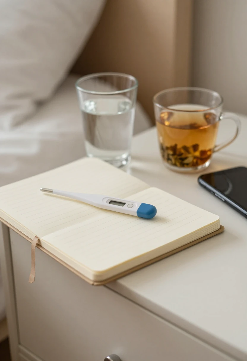 Notebook, thermometer, water, and phone prepared for tracking new autoimmune symptoms.